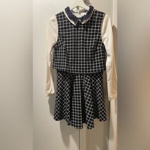 Anthropologie Black & White Windowpane Midi Dress with Navy Lace Collar